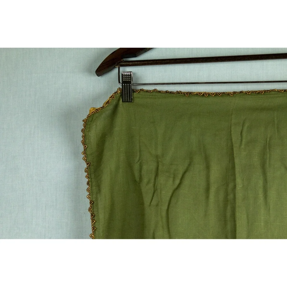 Vintage Green Square Scarf Gold Beaded Scalloped Trim Sheer Olive Boho Wrap